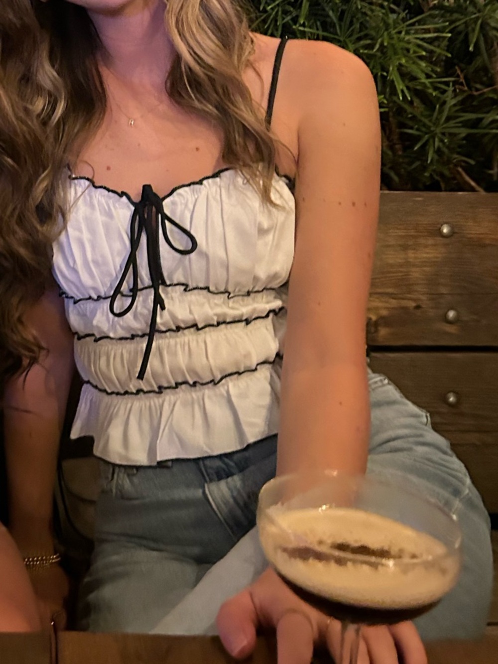 White Ruffled Cropped Cami with Black Trim and Tie - Picture 4 of 4